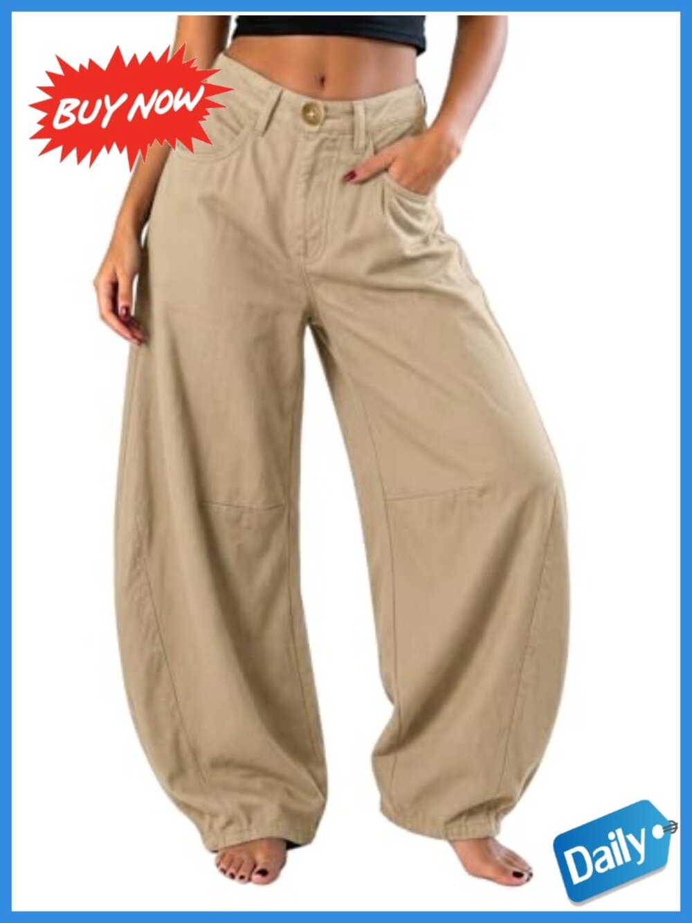 Womens 100% Cotton Barrel Pants Wide Leg Palazzo Casual Comfort